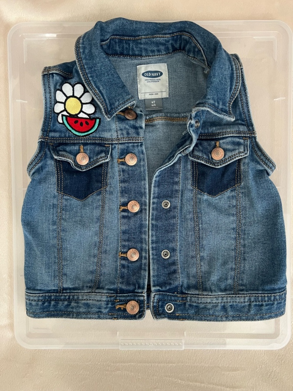 Old Navy Blue Denim Girls' Sleeveless Jacket with Daisy & Watermelon Patch